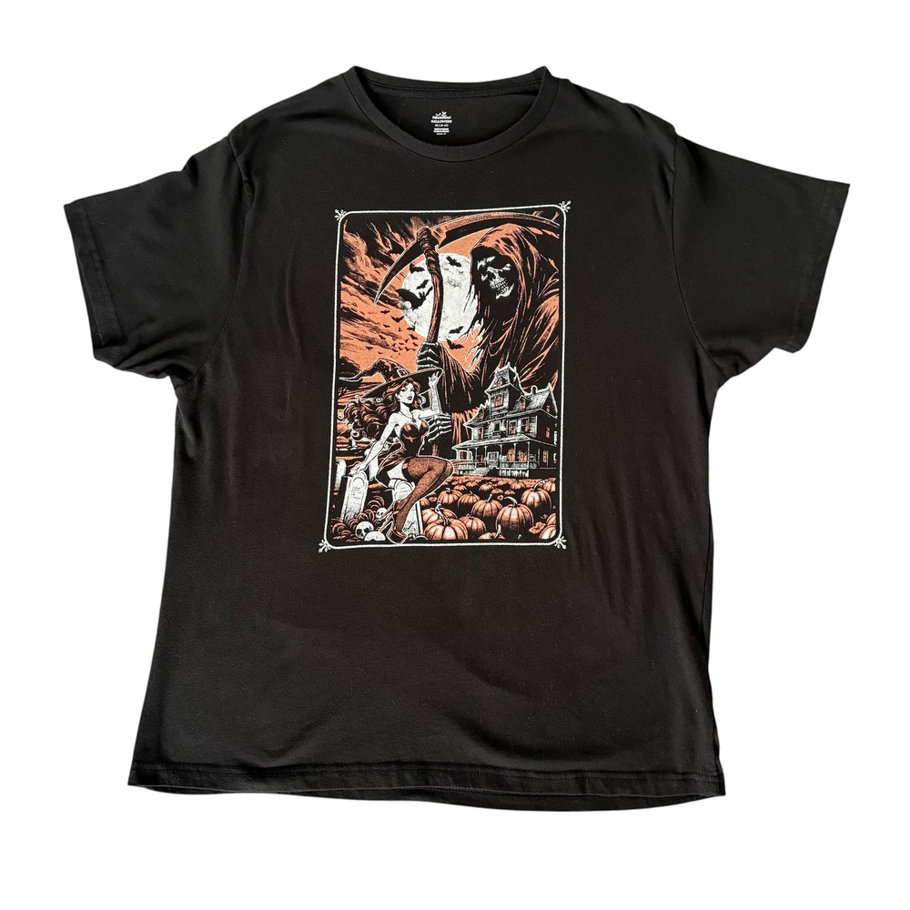 Halloween T-shirt Mens XL Sexy Pinup Witch Grim Reaper Rockabilly Retro Horror